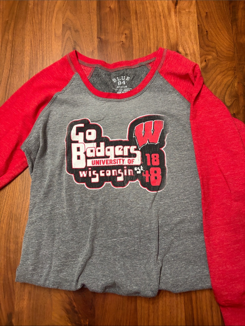 Blue 84 Womens "Go Badgers" Raglan Tee - Red & Gray